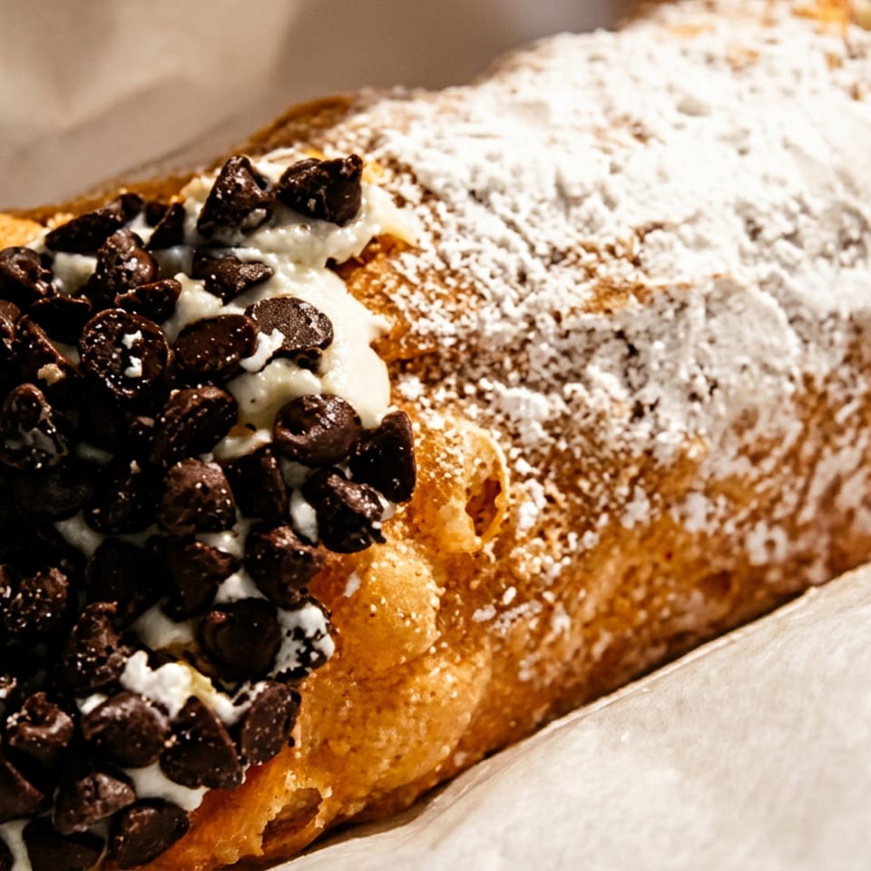 A golden-brown cannoli, dusted with powdered sugar and chocolate chips, rests on white parchment paper.