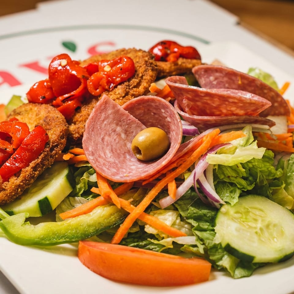 Fresh garden salad with fried chicken, roasted red peppers, salami, and an olive.
