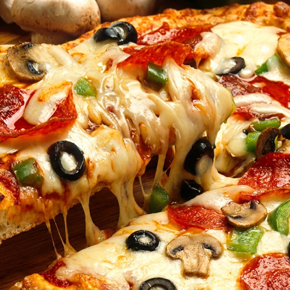 A slice of pepperoni, mushroom, olive, and green pepper pizza being lifted, with cheese stretching.