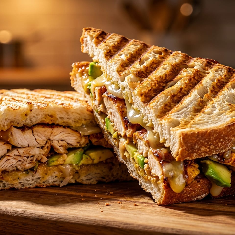 Two halves of a grilled chicken and avocado panini with melted cheese on a wooden board.