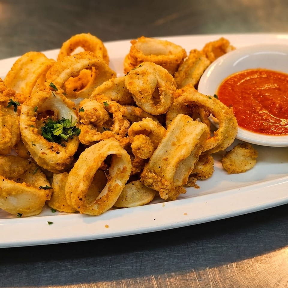 Crispy fried calamari rings with a side of red marinara sauce and a lemon wedge.
