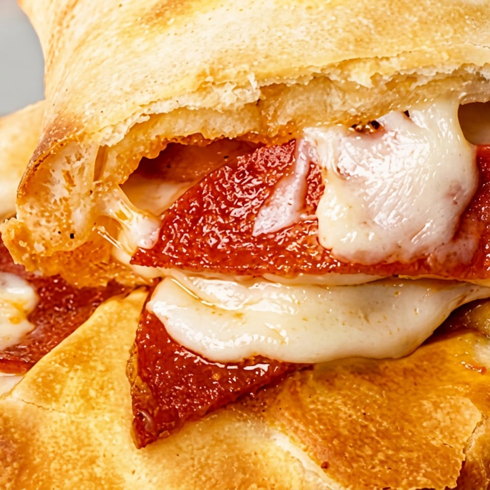 Close-up of a golden-brown calzone, split open to reveal melted mozzarella cheese and pepperoni.