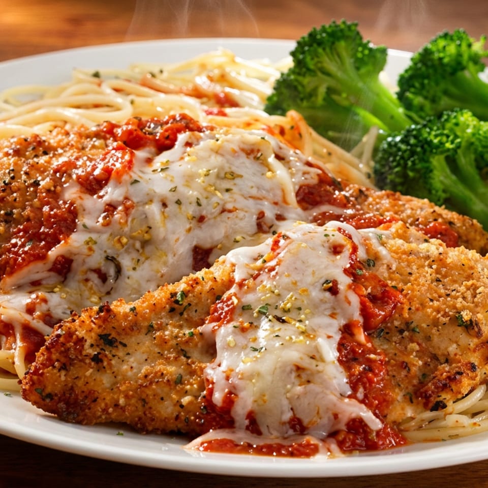 Steaming chicken parmesan with melted cheese, spaghetti, marinara sauce, and broccoli on a white plate.